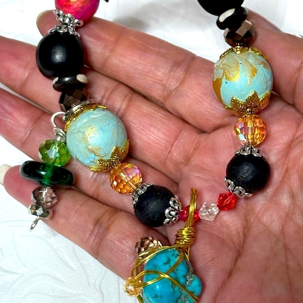 Collage Charm Bracelet Quartz and Hand Painted And Glass Beads OOAK 0778 G